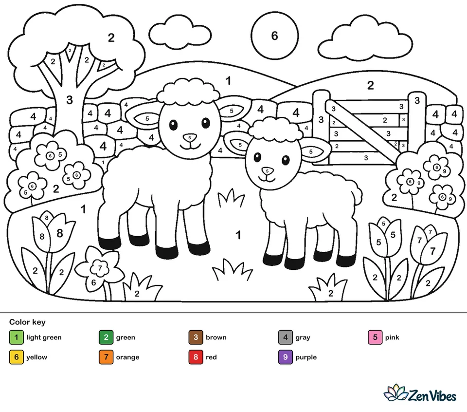 Two white lambs standing in a green field with a stone wall, a wooden gate, and rolling hills behind