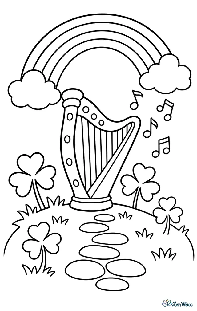 An Irish harp rests on a grassy hill while music notes drift upward, surrounded by shamrocks, a stone path, and a bright rainbow arching across a simple cloudy sky.