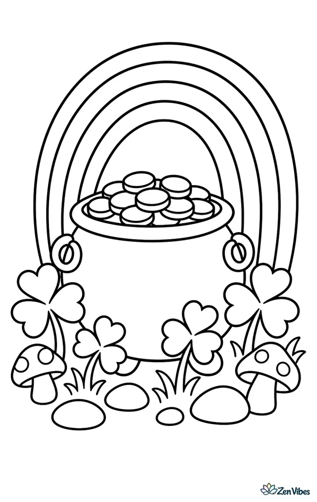 A round pot brimming with gold coins sits at the end of a rainbow, surrounded by shamrocks, tiny mushrooms, and smooth stones in a gentle meadow.
