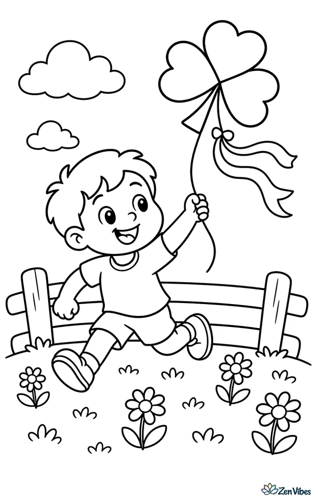 A smiling child runs through a spring field flying a shamrock-shaped kite, with fluttering ribbons, scattered daisies, a wooden fence, and soft clouds above.