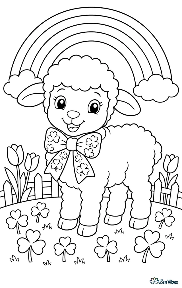 A fluffy lamb stands in a meadow wearing a bow with shamrock patterns, while a rainbow shines overhead and clovers, tulips, and a little fence fill the background.