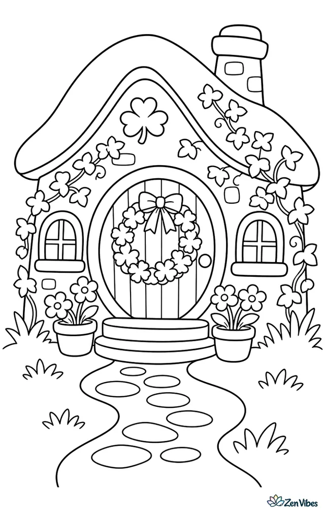 A cozy Irish cottage has a round door decorated with a shamrock wreath, flowerpots on the step, ivy on the walls, and a winding path through green grass.