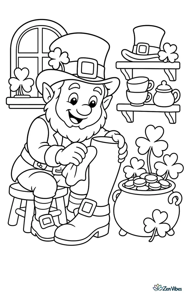 A happy leprechaun sits on a wooden stool polishing tall boots beside a pot of gold, with shamrocks, a window, and shelves of hats and teacups nearby.