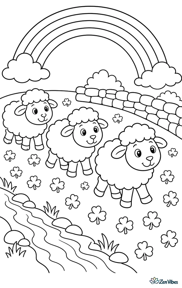 Three woolly sheep stroll across a green hillside dotted with shamrocks, while a stone wall, a small brook, and a rainbow create a calm St. Patrick's Day setting.