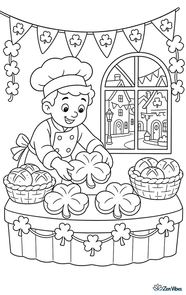 A baker places shamrock-shaped loaves on a display table, with baskets of soda bread, bunting overhead, clover garlands, and a window showing a festive village street.
