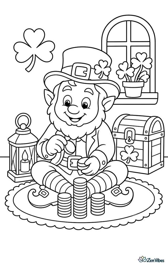 A leprechaun sits cross-legged on a rug counting gold coins into neat stacks, with a lantern, striped socks, shamrocks, and a wooden chest in a tidy room.