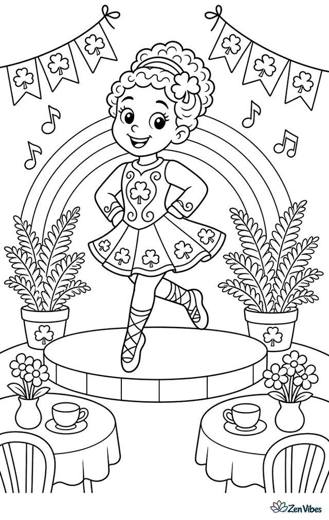 An Irish dancer twirls on a small stage with shamrock banners, musical notes, potted ferns, and a rainbow backdrop while the audience tables hold teacups and flowers.