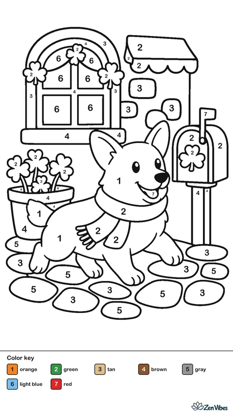 A corgi wearing a green scarf trots along a cobblestone lane, passing shamrock planters, a mailbox, and cottage windows decorated with St. Patrick's Day garlands.
