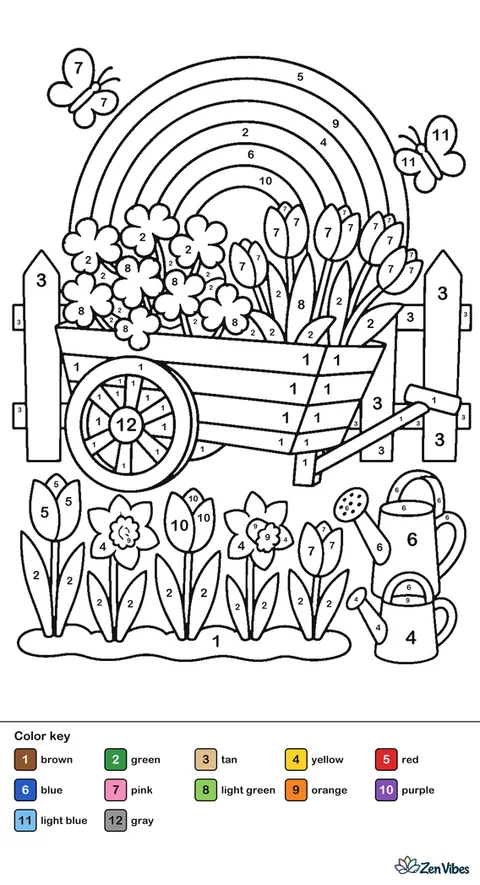 A wooden garden cart filled with shamrocks and tulips stands beside a picket fence, with watering cans, butterflies, and a rainbow over neat rows of spring flowers.