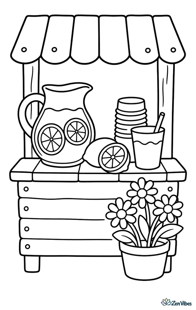 A wooden lemonade stand serves cold drinks on a neighborhood sidewalk, with a glass pitcher, sliced lemons, paper cups, a handwritten sign, and potted daisies beside the table.