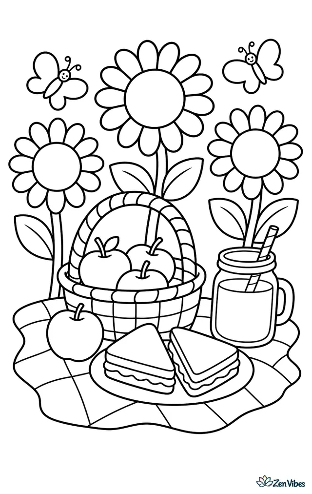 A picnic blanket rests in a sunflower field with a basket, apples, sandwiches, and a mason jar of juice, while butterflies flutter nearby under a bright summer sky.