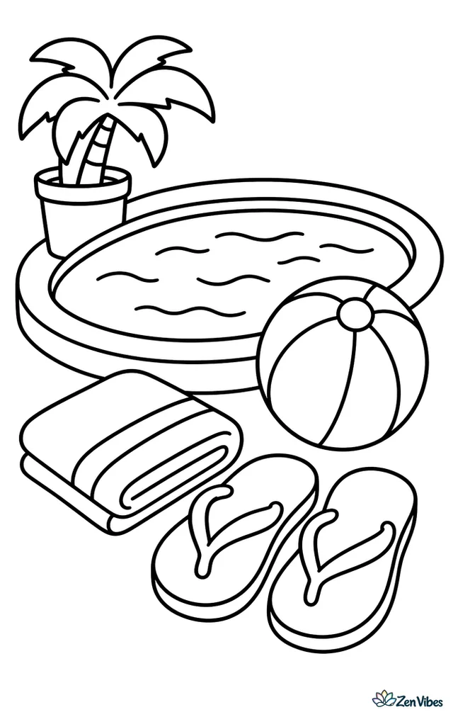 A pair of flip-flops rests beside a backyard swimming pool, with a beach ball, folded towel, potted palm, and calm water reflecting the warm afternoon sunshine.