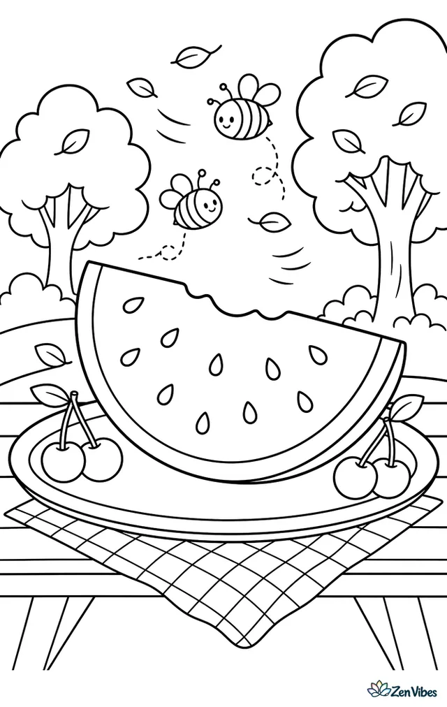 A large watermelon slice sits on a picnic plate at a park table, surrounded by cherries, a gingham napkin, buzzing bees, and leafy trees swaying in the summer breeze.