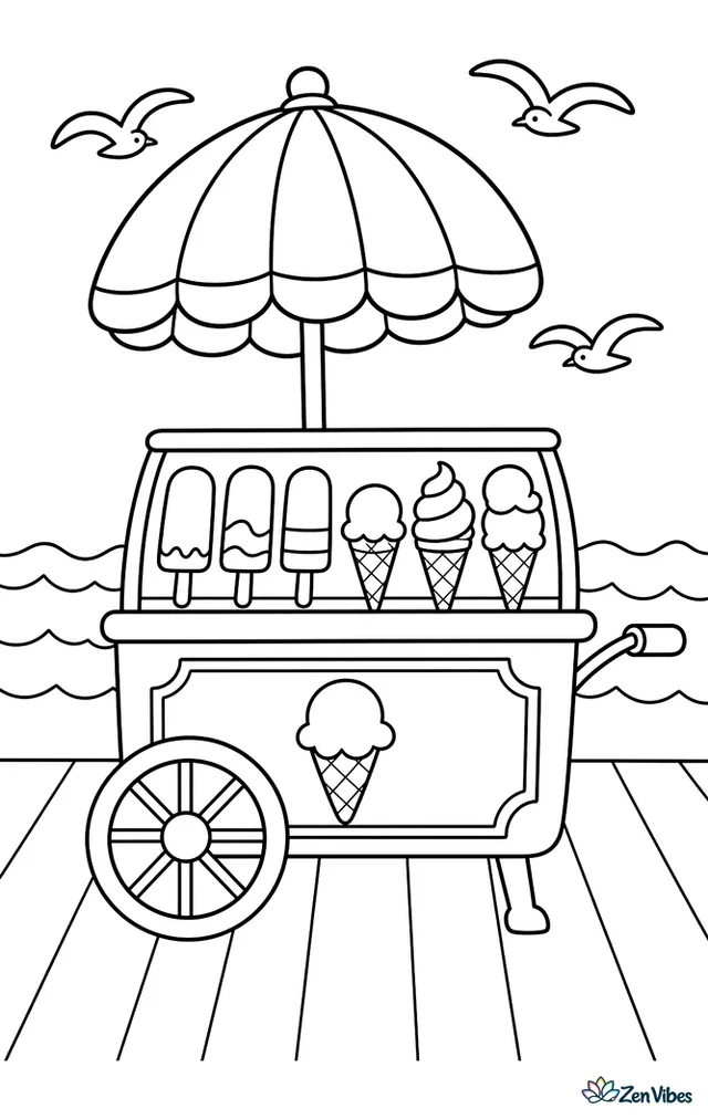 An old-fashioned ice cream cart waits on a boardwalk, displaying popsicles and cones beneath a striped umbrella, with seagulls overhead and ocean waves rolling behind it.