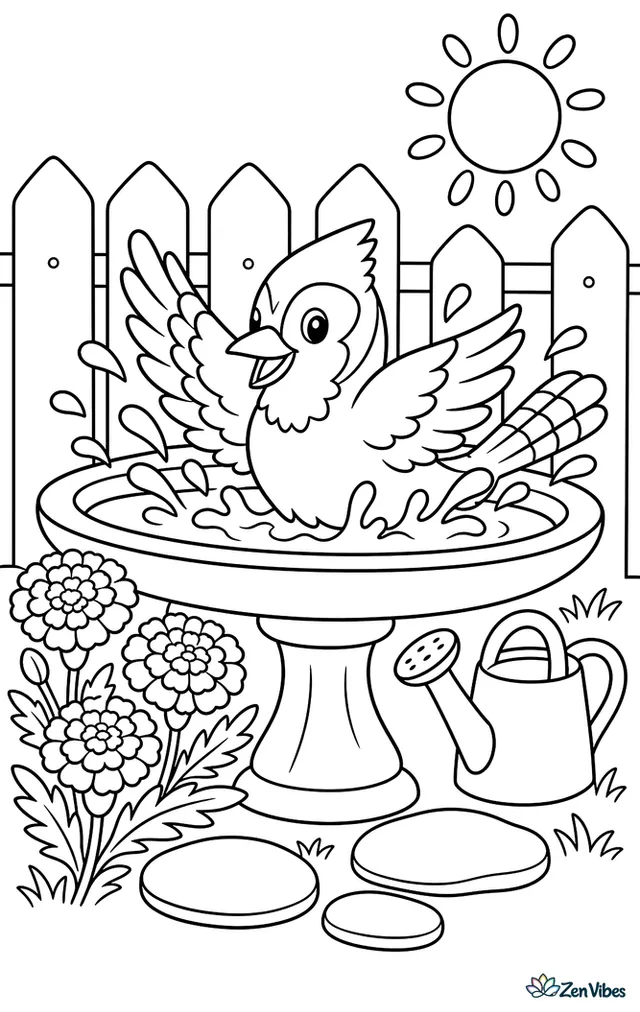 A blue jay splashes in a stone birdbath in a garden, with marigolds, a watering can, smooth stepping stones, and a wooden fence glowing in midday sunlight.