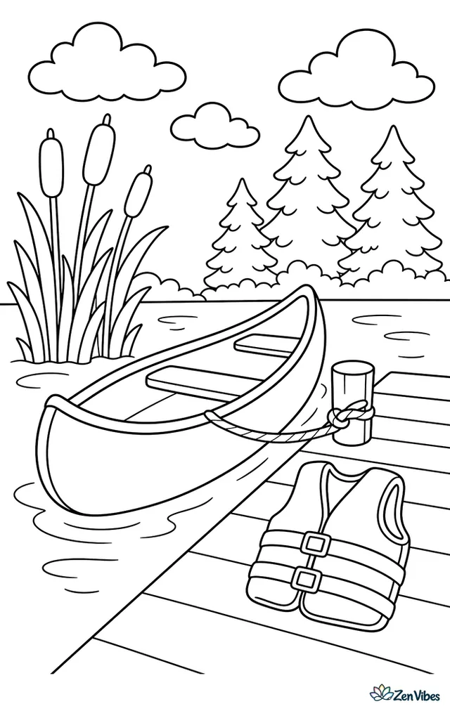 A red canoe is tied beside a wooden dock on a quiet lake, with cattails, pine trees, a life vest, and gentle ripples under soft summer clouds.