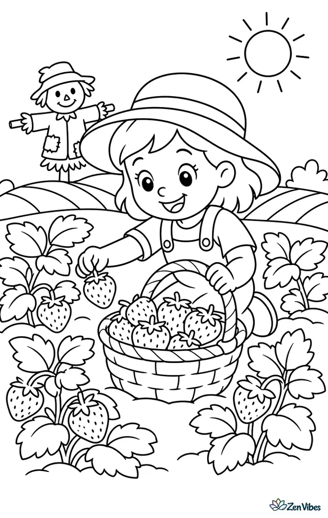 A child fills a basket with ripe strawberries in a sunny patch, surrounded by leafy plants, a scarecrow in the distance, garden rows, and a wide-brimmed hat.