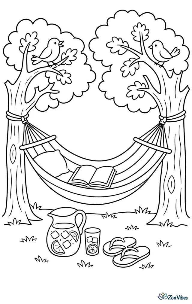 A striped hammock hangs between two oak trees in a backyard, with a book, a pitcher of iced tea, sandals in the grass, and songbirds in the branches.