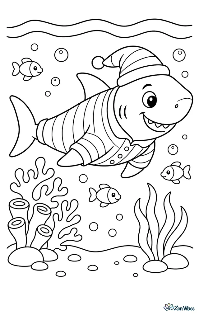 A pajama shark glides past coral formations in shallow summer water, with sea grass, small fish, bubbles, and sunlight patterns dancing across the sandy ocean floor.
