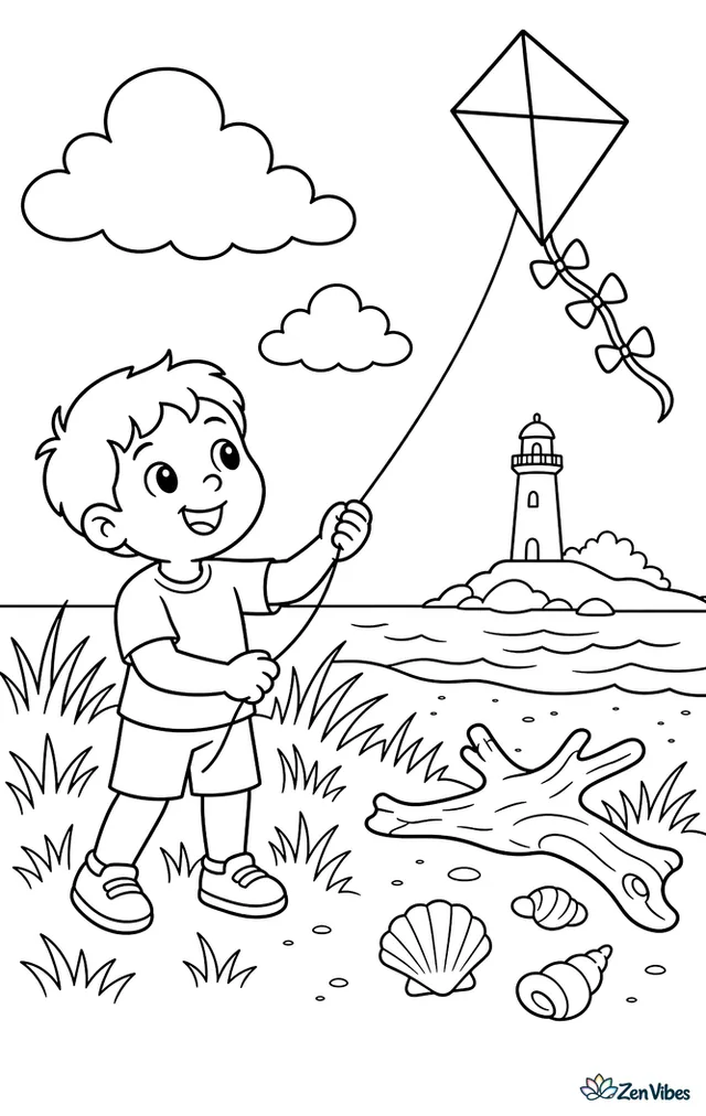 A diamond kite flies above grassy beach dunes while a child holds the string, with driftwood, a lighthouse far away, seashells, and puffy clouds over the shore.