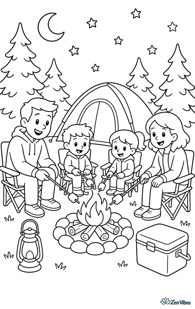 A family toasts marshmallows around a small campsite fire at dusk, with folding chairs, a cooler, pine trees, lanterns, and a tent beneath the first evening stars.