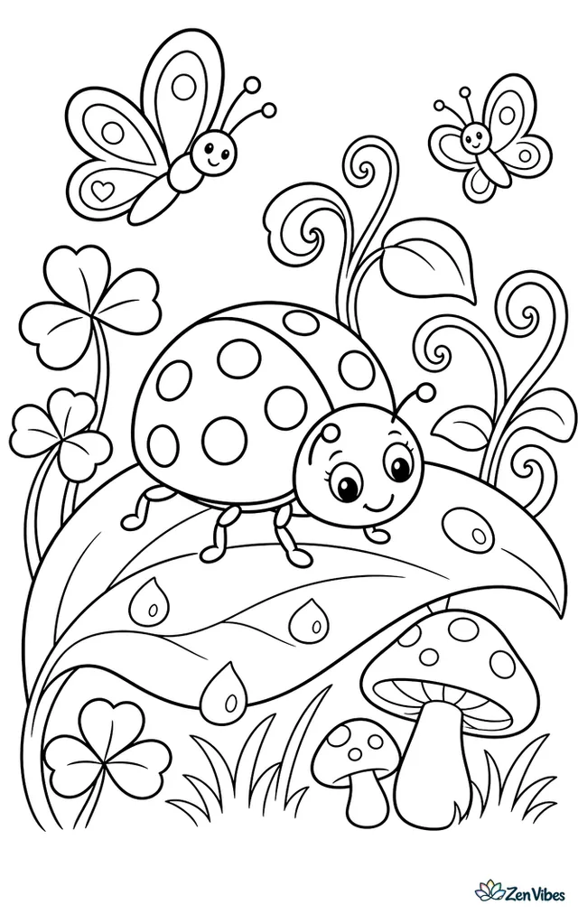 A seven-spotted ladybug walks along a broad leaf in a summer garden, surrounded by dew drops, clover, tiny mushrooms, curling vines, and a few fluttering butterflies.