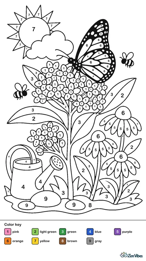 A monarch butterfly rests on blooming milkweed in a sunny pollinator garden, with coneflowers, a watering can, smooth stones, and bees drifting among the blossoms.