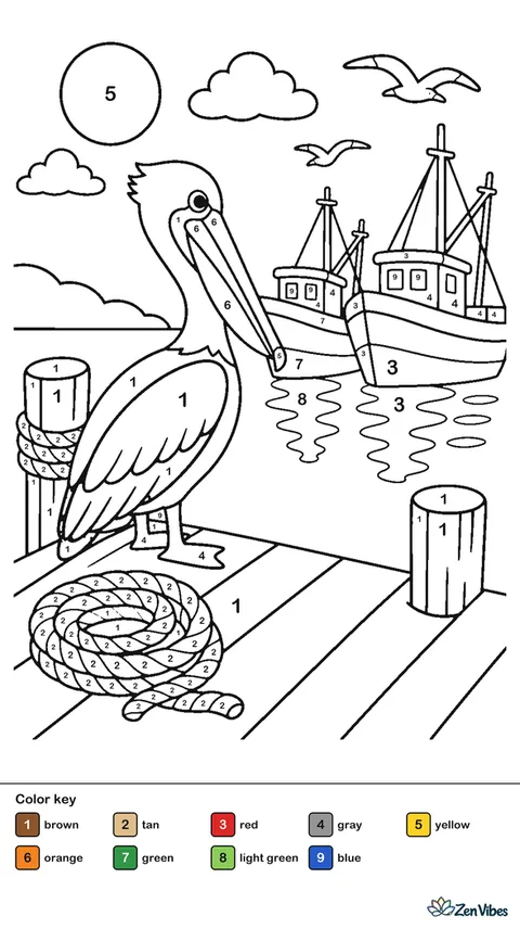 A brown pelican stands at the end of a wooden pier, watching fishing boats in the harbor, with coiled rope, dock posts, gulls, and bright reflections on the water.