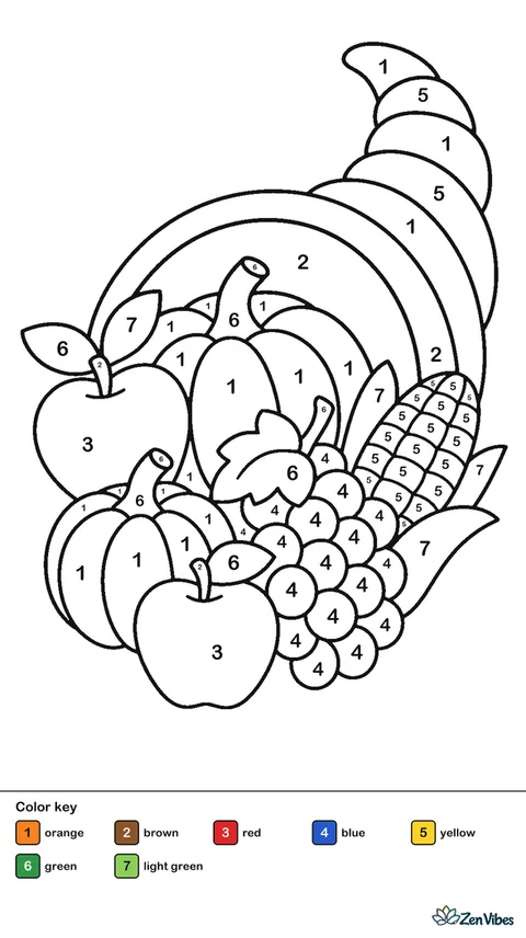 A horn-shaped basket spilling pumpkins, apples, grapes, and corn