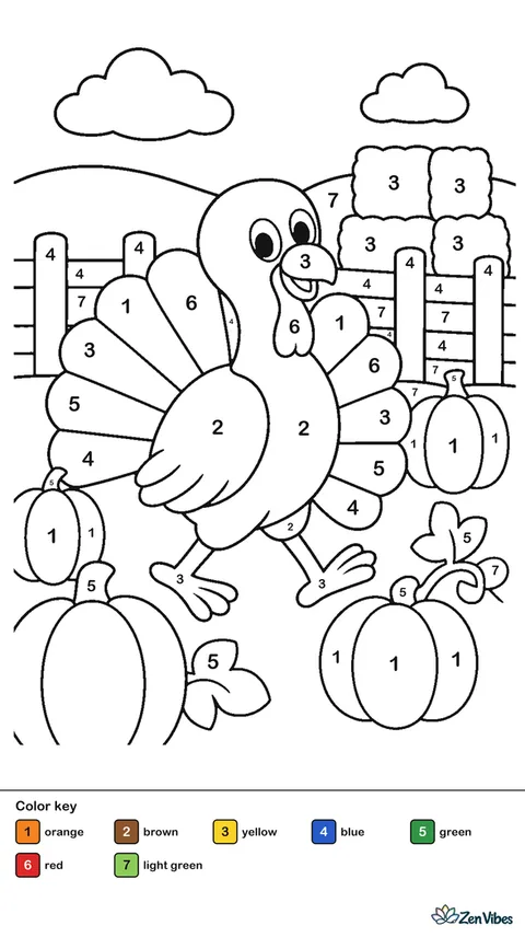 A turkey walking through a field of pumpkins with a fence and hay bales behind