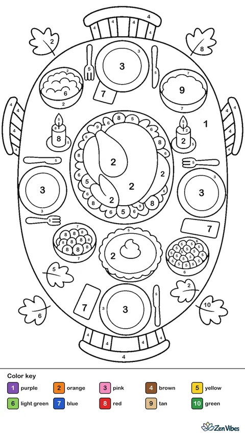 A dinner table seen from above with a turkey platter, bowls, pie, candles, and plates