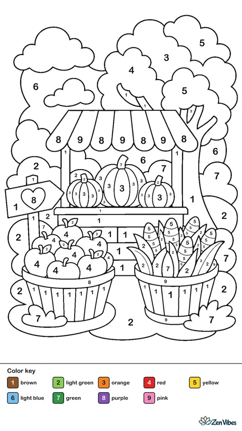 A farm stand with baskets of pumpkins, apples, and corn, a sign, and a tree in fall colors