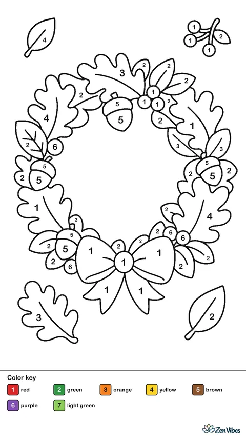 A round wreath of leaves, acorns, and small berries with a bow
