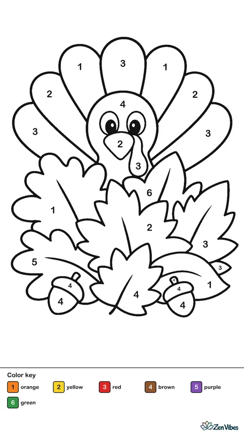 A turkey peeking out of a pile of leaves with only its head and tail showing