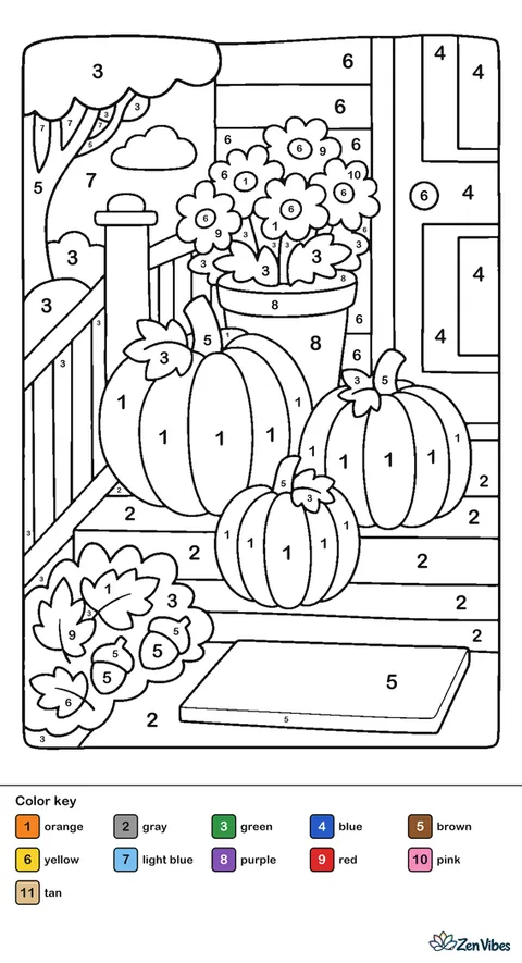 Three pumpkins on porch steps with a mum plant and a welcome mat