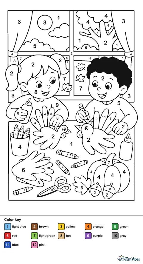 Two children at a table making paper hand-shaped turkeys with crayons and glue