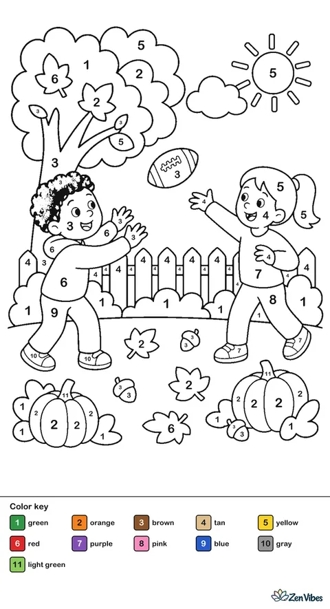 Two children tossing a football in a yard with leaves and a fence