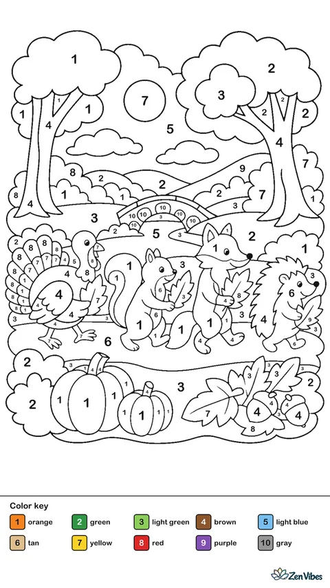 A turkey, a squirrel, a fox, and a hedgehog walking in a line carrying leaves