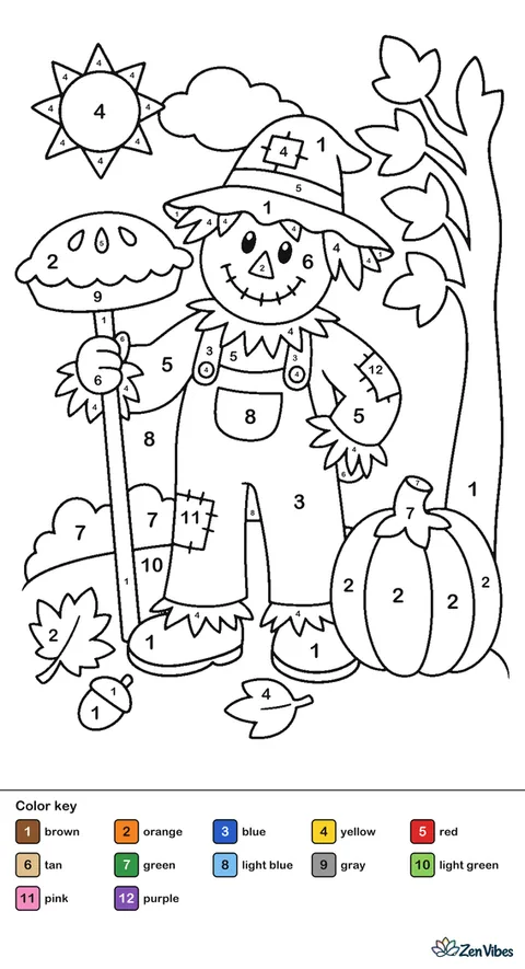 A scarecrow holding a sign shaped like a pie beside a pumpkin