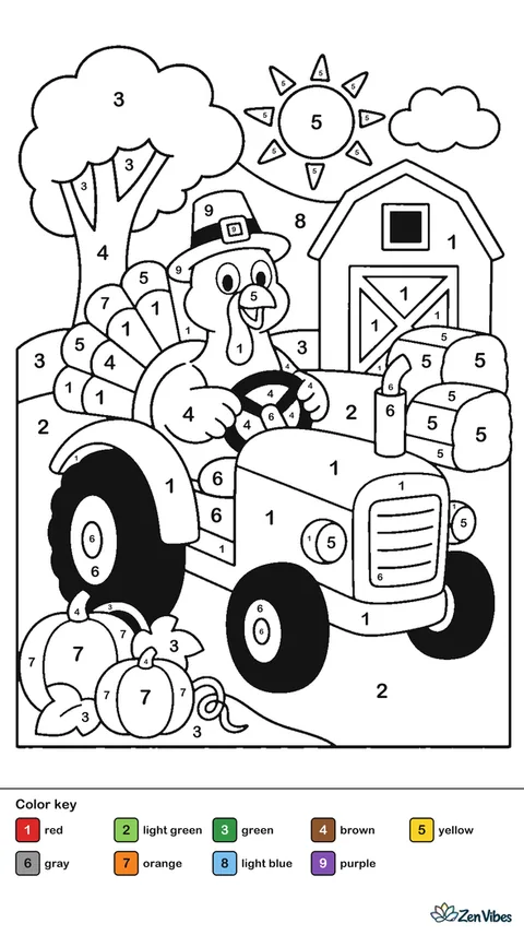 A turkey driving a small tractor past hay bales and a barn