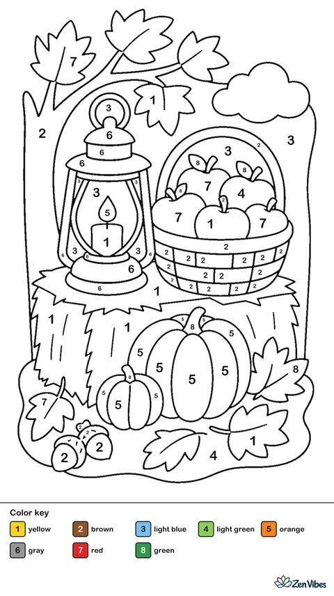 A lantern beside a basket of apples and pumpkins on a hay bale