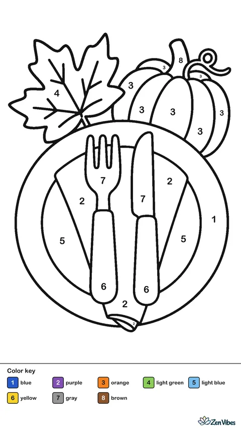 A plate, fork, knife, and napkin arranged with a leaf and a small pumpkin