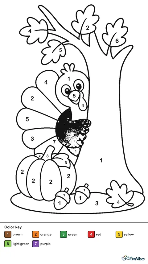 A turkey peeking from behind a tree trunk with fall leaves around