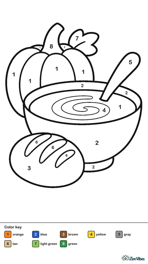 A bowl of soup with a swirl and a spoon, a bread roll beside it, a small pumpkin behind