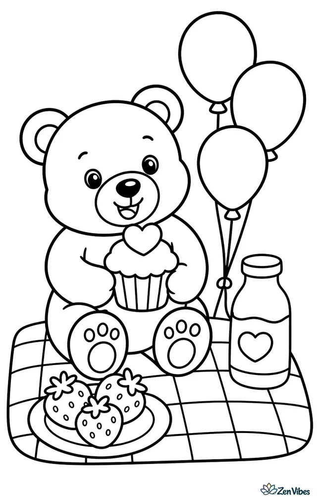 A teddy bear holds a heart-topped cupcake at a picnic blanket, with strawberries, a juice bottle, and three floating balloons nearby in a sunny park.