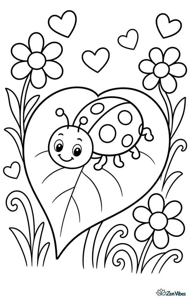 A ladybug crawls across a giant heart-shaped leaf, surrounded by daisies, curling grass, and tiny hearts drifting through a bright spring meadow.
