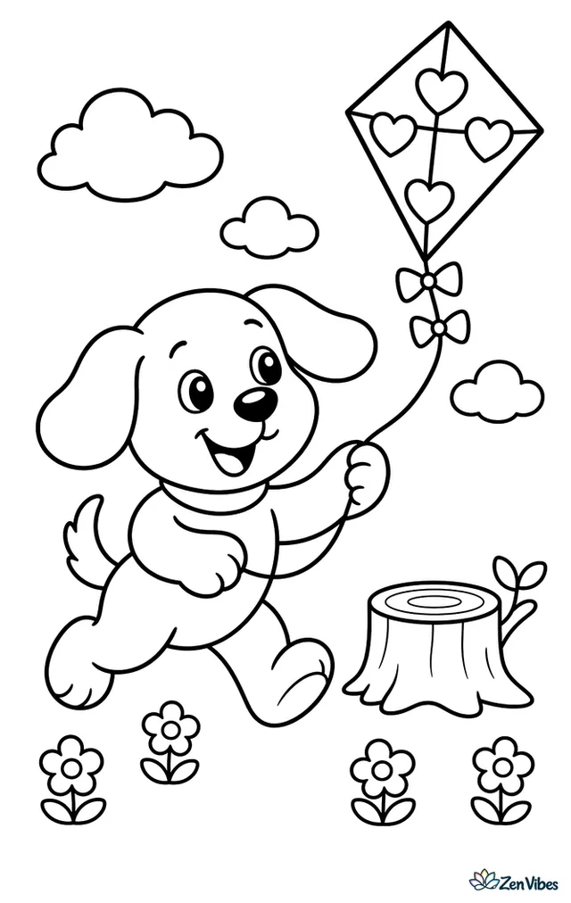 A floppy-eared puppy trots while flying a heart-patterned kite, with a tree stump, small flowers, and puffy clouds scattered across an open field.