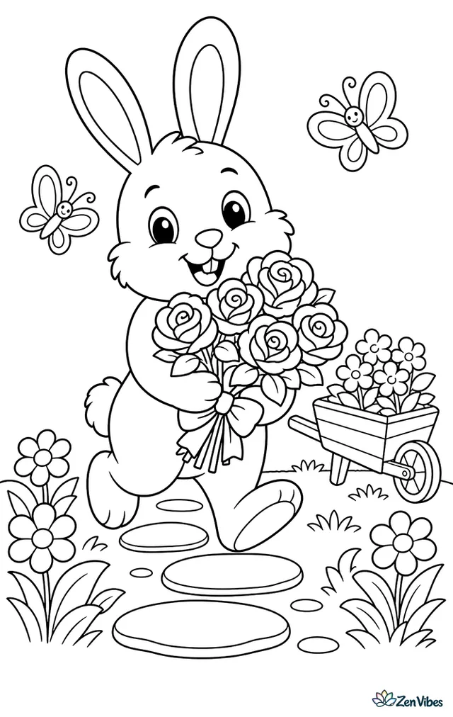 A cottontail rabbit carries a bouquet of roses in a garden path, with stepping stones, butterflies, and a wooden wheelbarrow nearby.