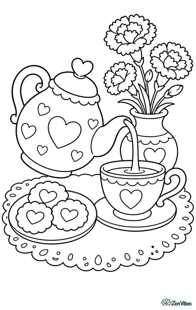 A heart-decorated teapot pours tea into a cup on a table, surrounded by cookies, a vase of carnations, and a lace tablecloth.