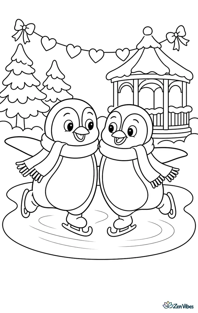 Two emperor penguins glide together on a frozen pond, wearing scarves, with heart garlands, snow-covered trees, and a cozy gazebo nearby.